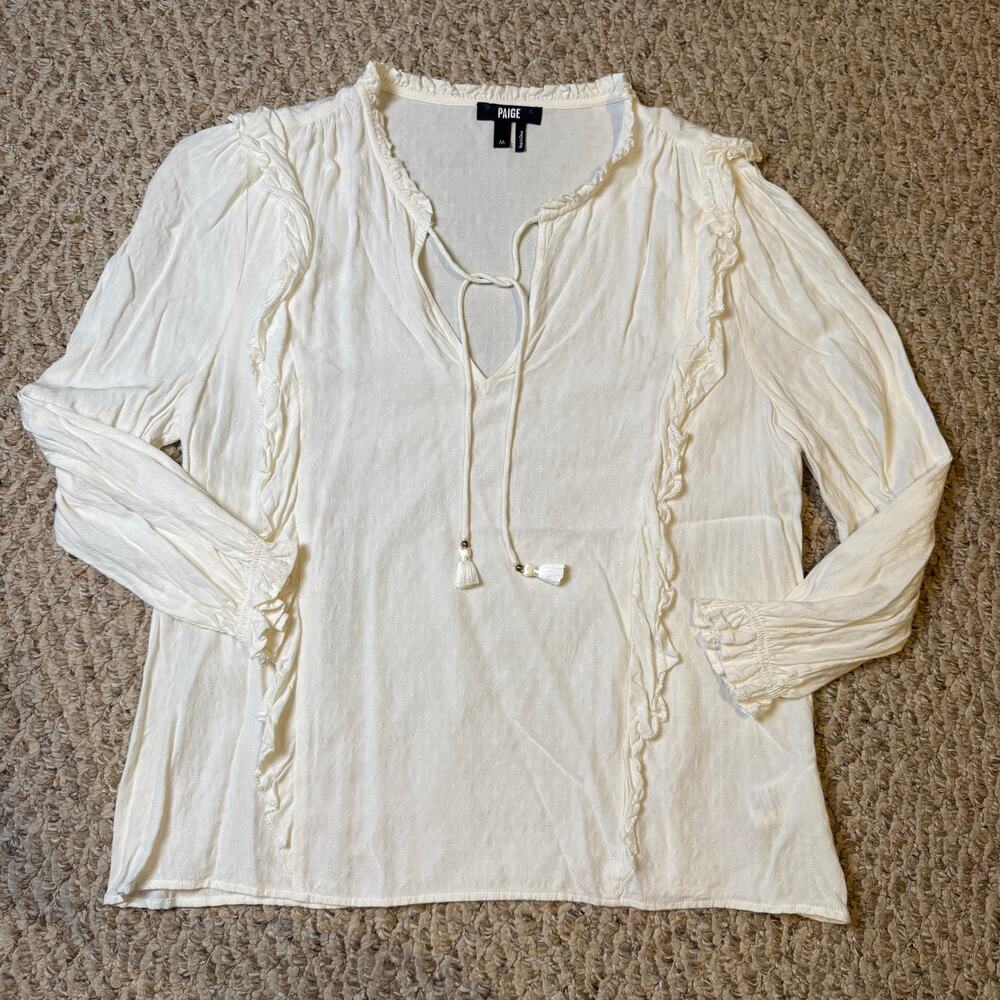 Paige‎ Women's White Kaydynn Top Three Quarter Sleeve Cuff Ruffles Boho Flowy M